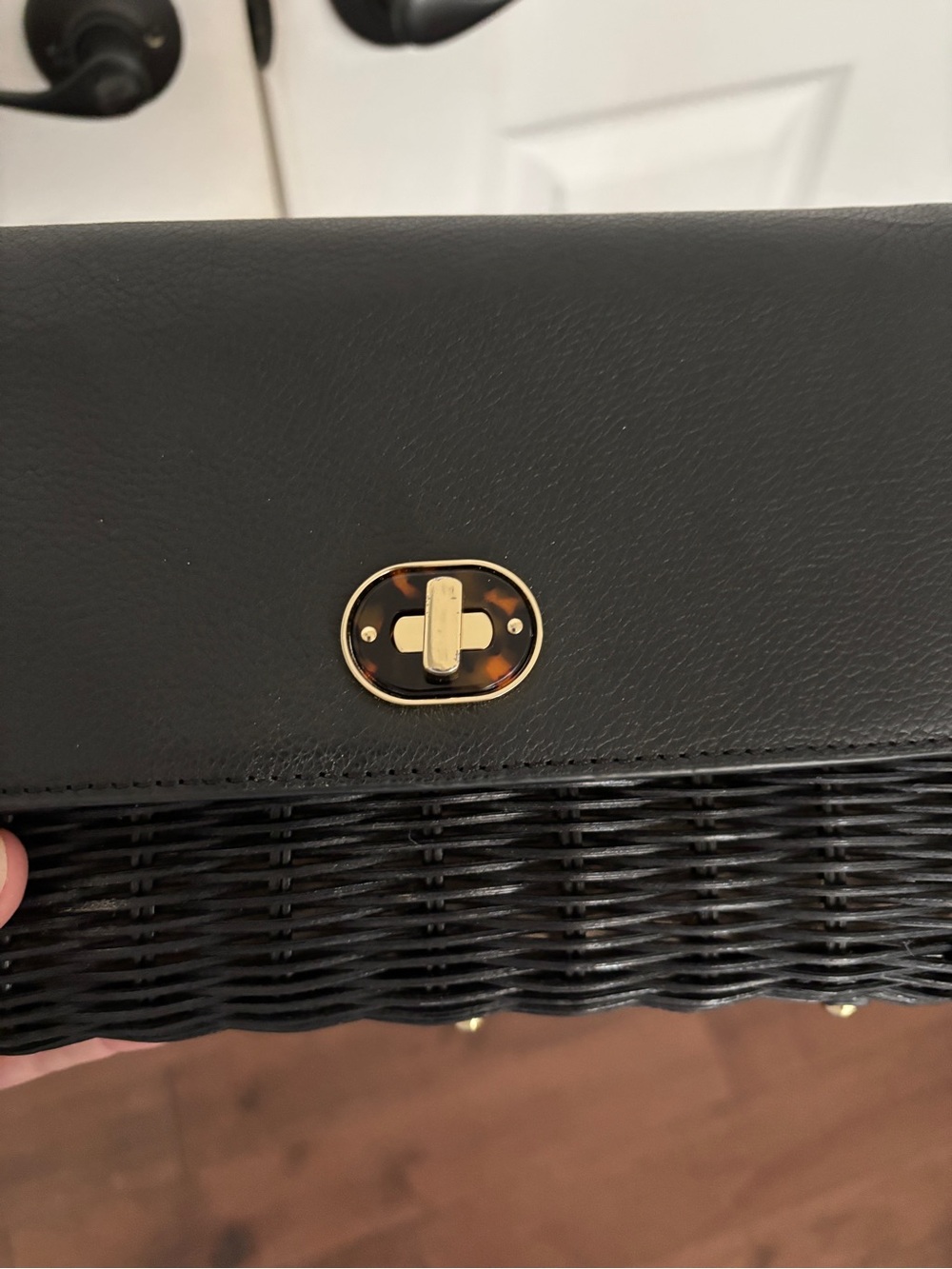 Talbot’s Black Wicker Crossbody Bag with Gold Turn-Lock Accent
